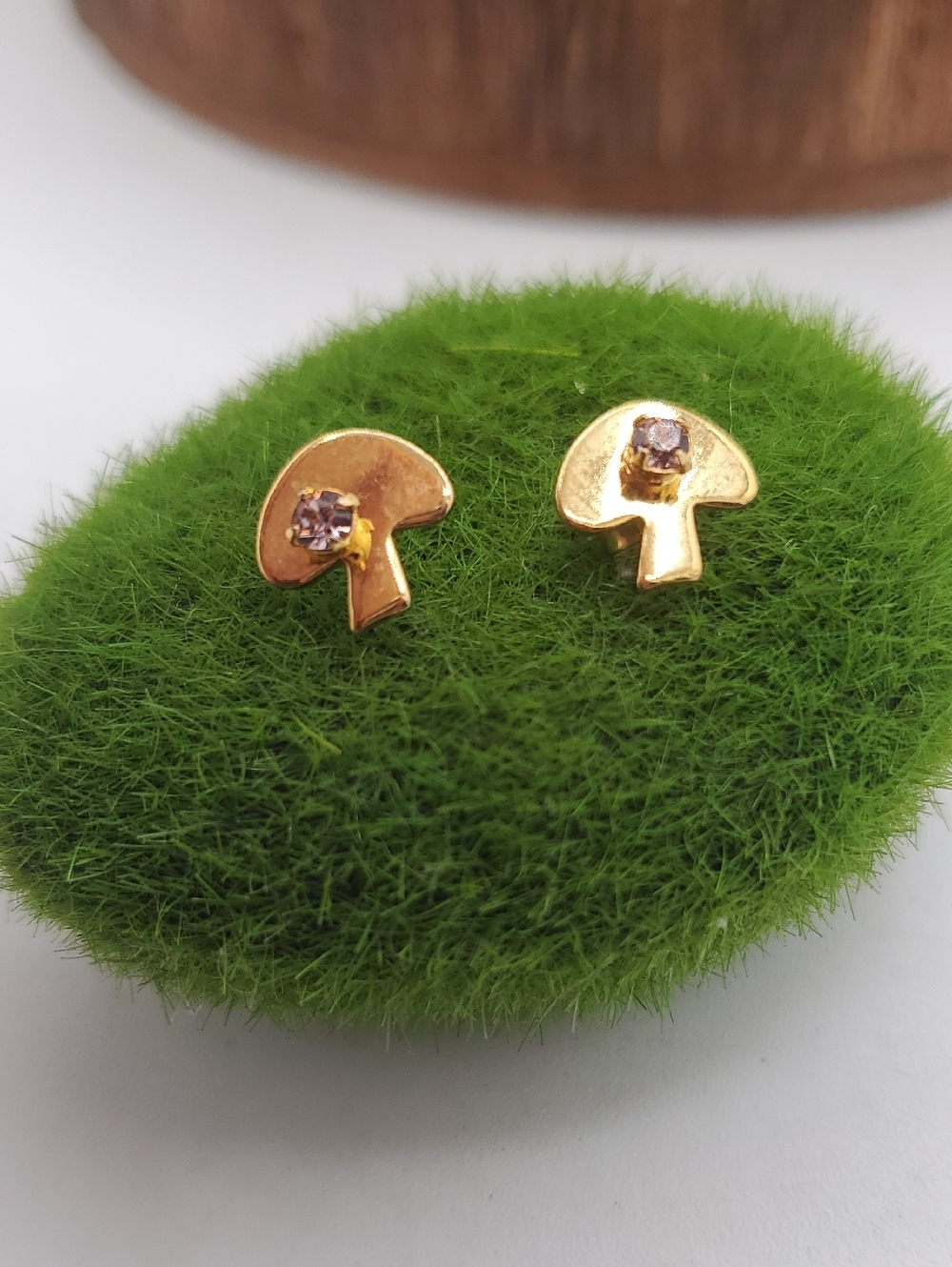 Gold Tone Fairy Mushroom Stud Earrings with Pink Stones E1124